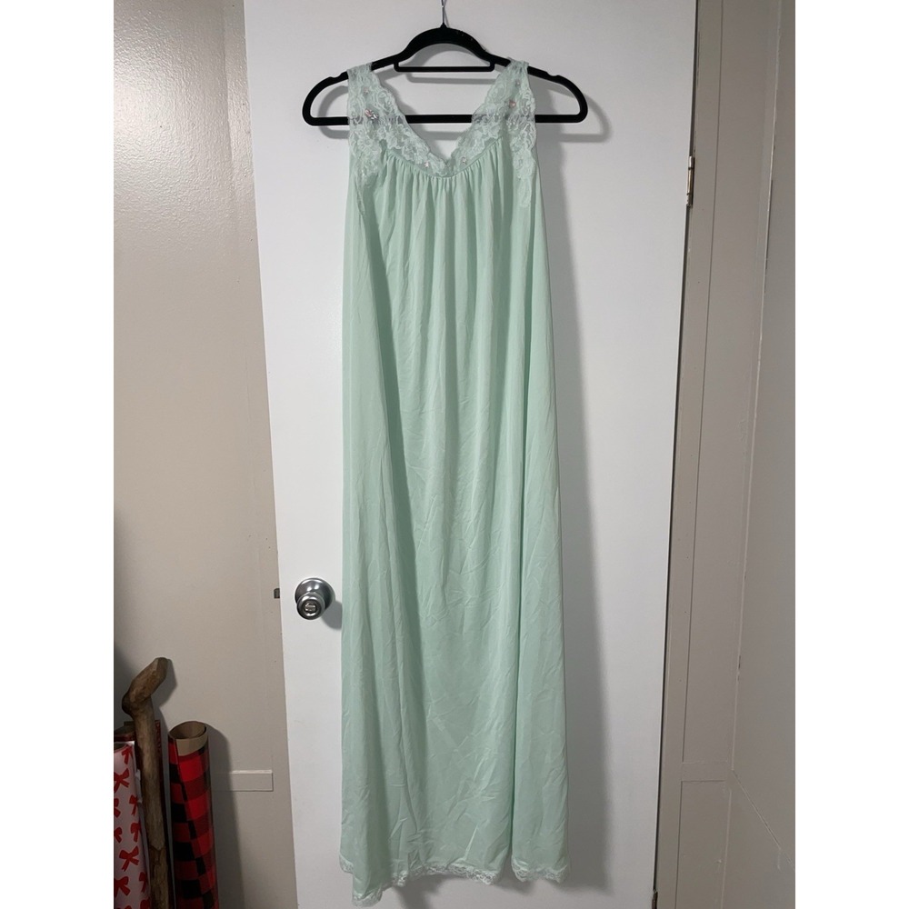 VTG 50s 60s Shadowline Mint Green Chiffon Embroidered Flower Nightgown Large
